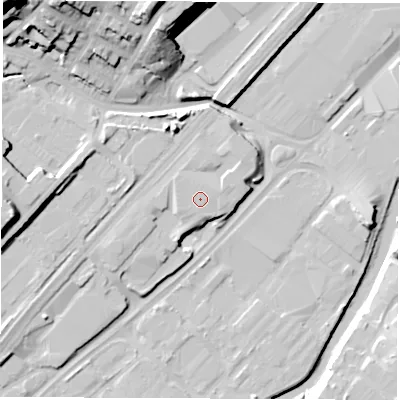 Shaded relief map of the ground around S92XX, computed from Environment Agency LiDAR. The ground here sits at about 42 m above sea level and falls 37 m across the surrounding 800 m. The ground contributing surface water to this point lies to the west-south-west.
