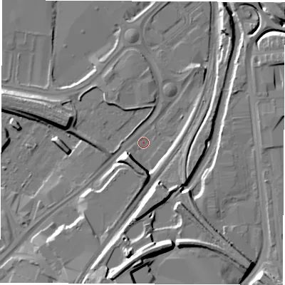 Shaded relief map of the ground around S92YL, computed from Environment Agency LiDAR. The ground here sits at about 34 m above sea level and falls 16 m across the surrounding 800 m. Surface water reaching this point runs off ground lying to the south, 8.9 m higher.