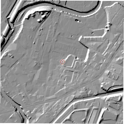 Shaded relief map of the ground around S93WS, computed from Environment Agency LiDAR. The ground here sits at about 44 m above sea level and falls 31 m across the surrounding 800 m. Surface water reaching this point runs off ground lying to the east-south-east, 7.5 m higher.