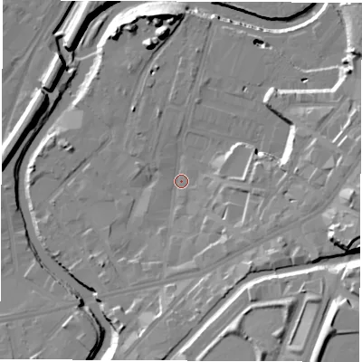 Shaded relief map of the ground around S93XG, computed from Environment Agency LiDAR. The ground here sits at about 42 m above sea level and falls 31 m across the surrounding 800 m. Surface water reaching this point runs off ground lying to the east-south-east, 18.7 m higher.