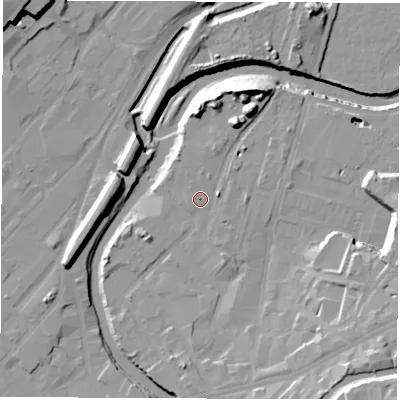Shaded relief map of the ground around S93XH, computed from Environment Agency LiDAR. The ground here sits at about 42 m above sea level and falls 22 m across the surrounding 800 m. Surface water reaching this point runs off ground lying to the north-north-east, 11.7 m higher.