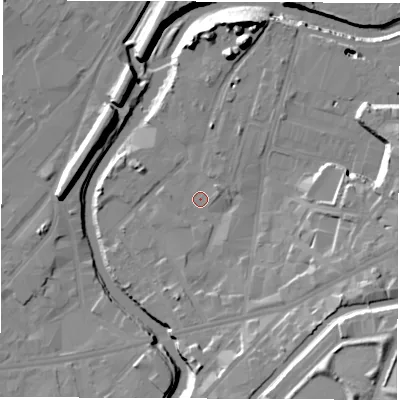 Shaded relief map of the ground around S93XN, computed from Environment Agency LiDAR. The ground here sits at about 42 m above sea level and falls 25 m across the surrounding 800 m. Surface water reaching this point runs off ground lying to the east, 10.5 m higher.