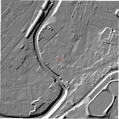 Shaded relief map of the ground around S93XU, computed from Environment Agency LiDAR. The ground here sits at about 43 m above sea level and falls 23 m across the surrounding 800 m. Surface water reaching this point runs off ground lying to the east-south-east, 2.7 m higher.