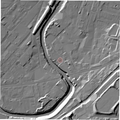 Shaded relief map of the ground around S93XW, computed from Environment Agency LiDAR. The ground here sits at about 42 m above sea level and falls 23 m across the surrounding 800 m. Surface water reaching this point runs off ground lying to the east-south-east, 3.1 m higher.