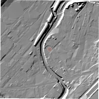 Shaded relief map of the ground around S93XZ, computed from Environment Agency LiDAR. The ground here sits at about 41 m above sea level and falls 21 m across the surrounding 800 m. Surface water reaching this point runs off ground lying to the north-east, 11.7 m higher.