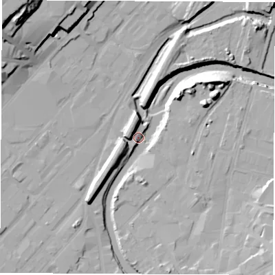 Shaded relief map of the ground around S93YD, computed from Environment Agency LiDAR. The ground here sits at about 40 m above sea level and falls 33 m across the surrounding 800 m. Surface water reaching this point runs off ground lying to the east-north-east, 14.2 m higher.
