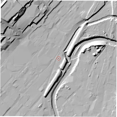 Shaded relief map of the ground around S93YE, computed from Environment Agency LiDAR. The ground here sits at about 42 m above sea level and falls 37 m across the surrounding 800 m. Surface water reaching this point runs off ground lying to the south-south-west, 7.2 m higher.