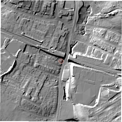 Shaded relief map of the ground around S94EU, computed from Environment Agency LiDAR. The ground here sits at about 64 m above sea level and falls 34 m across the surrounding 800 m. Surface water reaching this point runs off ground lying to the south-west, 27.3 m higher.