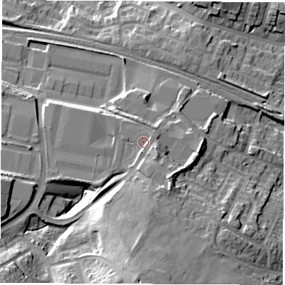 Shaded relief map of the ground around S94LR, computed from Environment Agency LiDAR. The ground here sits at about 76 m above sea level and falls 28 m across the surrounding 800 m. Surface water reaching this point runs off ground lying to the north-north-west, 1.1 m higher.