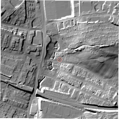 Shaded relief map of the ground around S94PN, computed from Environment Agency LiDAR. The ground here sits at about 61 m above sea level and falls 35 m across the surrounding 800 m. Surface water reaching this point runs off ground lying to the east-north-east, 34.0 m higher.