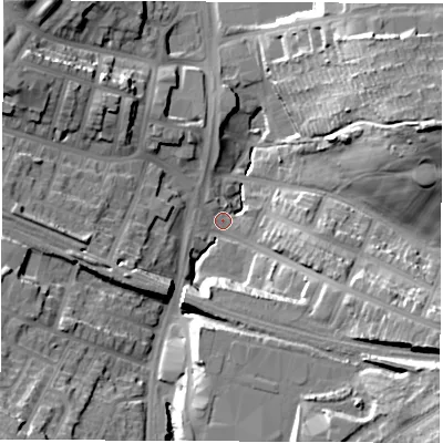 Shaded relief map of the ground around S94QD, computed from Environment Agency LiDAR. The ground here sits at about 61 m above sea level and falls 35 m across the surrounding 800 m. Surface water reaching this point runs off ground lying to the south-east, 25.7 m higher.