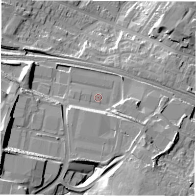 Shaded relief map of the ground around S94WN, computed from Environment Agency LiDAR. The ground here sits at about 70 m above sea level and falls 30 m across the surrounding 800 m. Surface water reaching this point runs off ground lying to the west-south-west, 18.4 m higher.