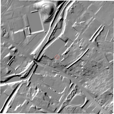 Shaded relief map of the ground around S95AH, computed from Environment Agency LiDAR. The ground here sits at about 51 m above sea level and falls 30 m across the surrounding 800 m. Surface water reaching this point runs off ground lying to the east-north-east, 8.4 m higher.