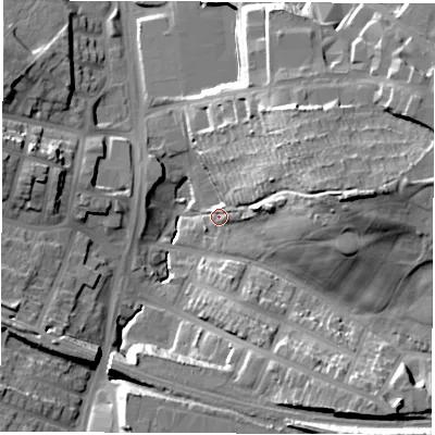 Shaded relief map of the ground around S95BA, computed from Environment Agency LiDAR. The ground here sits at about 62 m above sea level and falls 35 m across the surrounding 800 m. Surface water reaching this point runs off ground lying to the east, 31.4 m higher.
