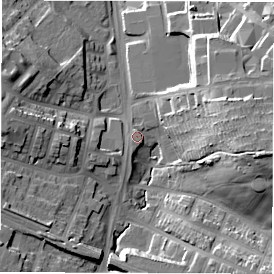 Shaded relief map of the ground around S95HZ, computed from Environment Agency LiDAR. The ground here sits at about 63 m above sea level and falls 37 m across the surrounding 800 m. Surface water reaching this point runs off ground lying to the east, 35.5 m higher.