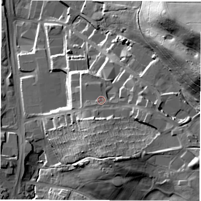 Shaded relief map of the ground around S95JF, computed from Environment Agency LiDAR. The ground here sits at about 79 m above sea level and falls 57 m across the surrounding 800 m. Surface water reaching this point runs off ground lying to the south, 8.7 m higher.