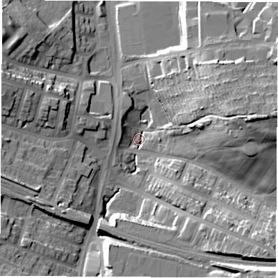 Shaded relief map of the ground around S95JJ, computed from Environment Agency LiDAR. The ground here sits at about 58 m above sea level and falls 35 m across the surrounding 800 m. Surface water reaching this point runs off ground lying to the east, 35.5 m higher.