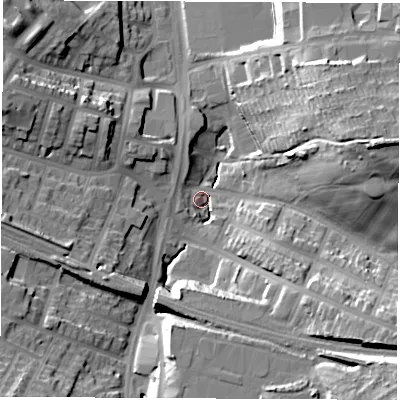 Shaded relief map of the ground around S95JN, computed from Environment Agency LiDAR. The ground here sits at about 60 m above sea level and falls 35 m across the surrounding 800 m. Surface water reaching this point runs off ground lying to the east-north-east, 35.5 m higher.