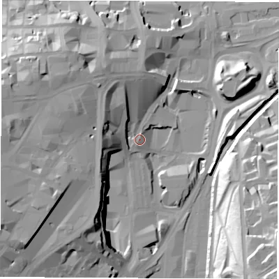 Shaded relief map of the ground around S986HR, computed from Environment Agency LiDAR. The ground here sits at about 56 m above sea level and falls 44 m across the surrounding 800 m. Surface water reaching this point runs off ground lying to the north-west, 7.0 m higher.