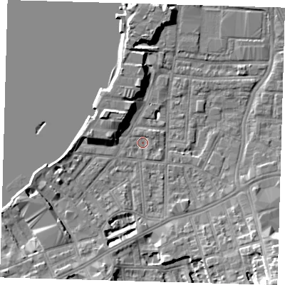 Shaded relief map of the ground around SE100AA, computed from Environment Agency LiDAR. The ground here sits at about 2 m above sea level and falls 14 m across the surrounding 800 m. Surface water reaching this point runs off ground lying to the north-east, 0.8 m higher.