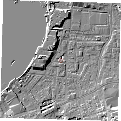 Shaded relief map of the ground around SE100AD, computed from Environment Agency LiDAR. The ground here sits at about 2 m above sea level and falls 12 m across the surrounding 800 m. Surface water reaching this point runs off ground lying to the south-east, 8.8 m higher.