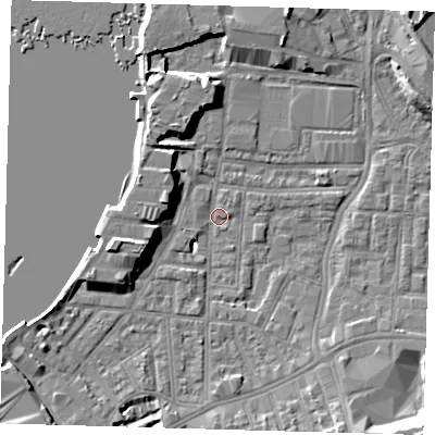 Shaded relief map of the ground around SE100AE, computed from Environment Agency LiDAR. The ground here sits at about 2 m above sea level and falls 9 m across the surrounding 800 m. Surface water reaching this point runs off ground lying to the west-south-west, 8.1 m higher.