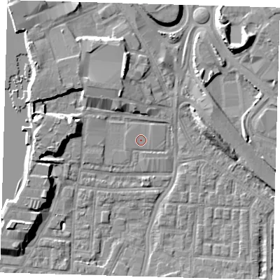 Shaded relief map of the ground around SE100AG, computed from Environment Agency LiDAR. The ground here sits at about 2 m above sea level and falls 9 m across the surrounding 800 m. Surface water reaching this point runs off ground lying to the west-south-west, 6.9 m higher.