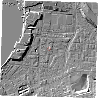 Shaded relief map of the ground around SE100AH, computed from Environment Agency LiDAR. The ground here sits at about 2 m above sea level and falls 11 m across the surrounding 800 m. Surface water reaching this point runs off ground lying to the south-south-east, 7.0 m higher.