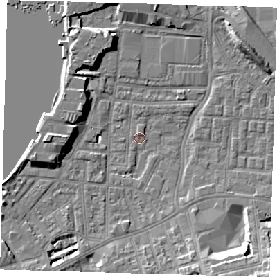 Shaded relief map of the ground around SE100AJ, computed from Environment Agency LiDAR. The ground here sits at about 2 m above sea level and falls 12 m across the surrounding 800 m. Surface water reaching this point runs off ground lying to the south-south-east, 7.2 m higher.