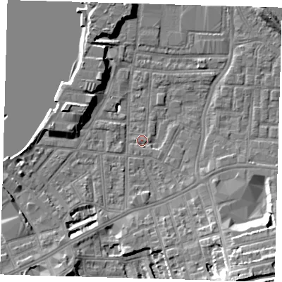 Shaded relief map of the ground around SE100AL, computed from Environment Agency LiDAR. The ground here sits at about 2 m above sea level and falls 15 m across the surrounding 800 m. Surface water reaching this point runs off ground lying to the south-south-east, 12.2 m higher.