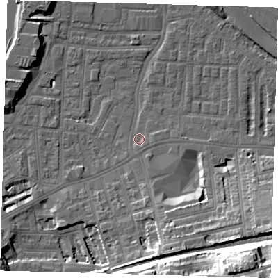 Shaded relief map of the ground around SE100AN, computed from Environment Agency LiDAR. The ground here sits at about 3 m above sea level and falls 33 m across the surrounding 800 m. Surface water reaching this point runs off ground lying to the south-south-east, 1.5 m higher.