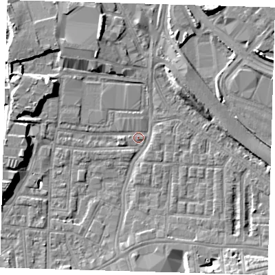Shaded relief map of the ground around SE100AP, computed from Environment Agency LiDAR. The ground here sits at about 2 m above sea level and falls 8 m across the surrounding 800 m. Surface water reaching this point runs off ground lying to the south-south-west, 2.8 m higher.
