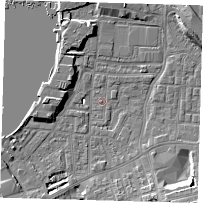 Shaded relief map of the ground around SE100AQ, computed from Environment Agency LiDAR. The ground here sits at about 2 m above sea level and falls 11 m across the surrounding 800 m. Surface water reaching this point runs off ground lying to the south-south-east, 7.3 m higher.