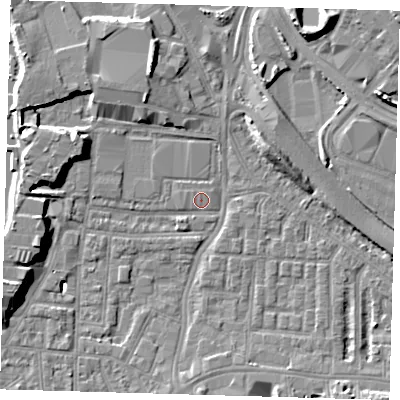 Shaded relief map of the ground around SE100AR, computed from Environment Agency LiDAR. The ground here sits at about 2 m above sea level and falls 9 m across the surrounding 800 m. Surface water reaching this point runs off ground lying to the south-west, 2.0 m higher.