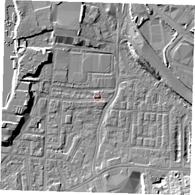 Shaded relief map of the ground around SE100AS, computed from Environment Agency LiDAR. The ground here sits at about 2 m above sea level and falls 9 m across the surrounding 800 m. Surface water reaching this point runs off ground lying to the south-south-west, 2.8 m higher.