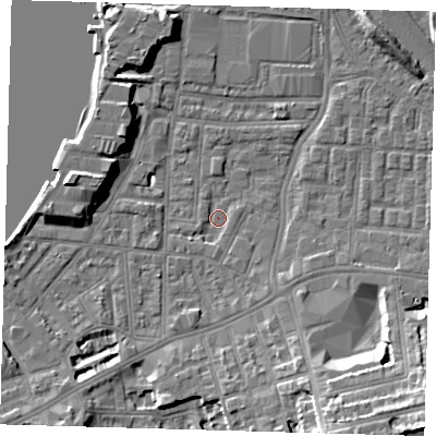 Shaded relief map of the ground around SE100AZ, computed from Environment Agency LiDAR. The ground here sits at about 2 m above sea level and falls 16 m across the surrounding 800 m. Surface water reaching this point runs off ground lying to the south-east, 2.6 m higher.