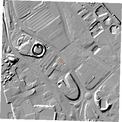 Shaded relief map of the ground around SE100BF, computed from Environment Agency LiDAR. The ground here sits at about 3 m above sea level and falls 16 m across the surrounding 800 m. Surface water reaching this point runs off ground lying to the north-east, 11.6 m higher.