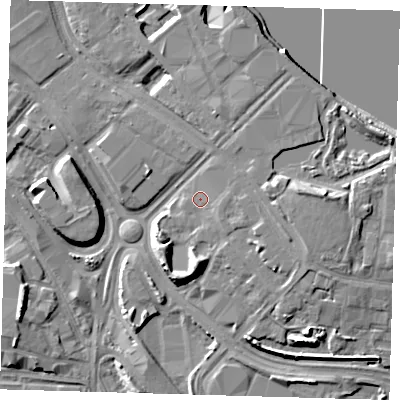 Shaded relief map of the ground around SE100BT, computed from Environment Agency LiDAR. The ground here sits at about 4 m above sea level and falls 9 m across the surrounding 800 m. Surface water reaching this point runs off ground lying to the south-east, 2.8 m higher.