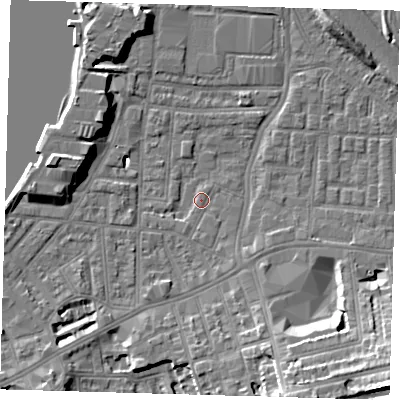 Shaded relief map of the ground around SE100EA, computed from Environment Agency LiDAR. The ground here sits at about 2 m above sea level and falls 18 m across the surrounding 800 m. Surface water reaching this point runs off ground lying to the south-east, 2.6 m higher.