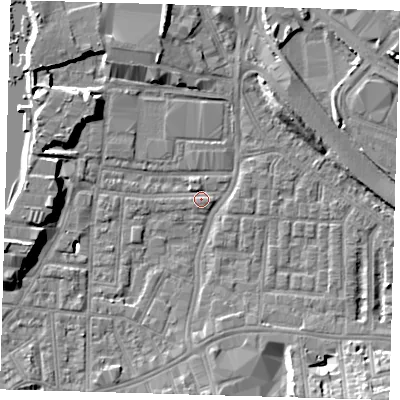 Shaded relief map of the ground around SE100ED, computed from Environment Agency LiDAR. The ground here sits at about 2 m above sea level and falls 9 m across the surrounding 800 m. Surface water reaching this point runs off ground lying to the south, 4.2 m higher.
