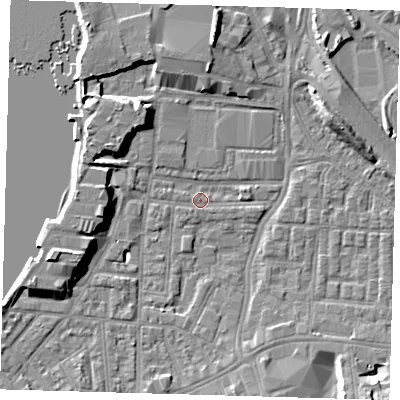 Shaded relief map of the ground around SE100EF, computed from Environment Agency LiDAR. The ground here sits at about 2 m above sea level and falls 9 m across the surrounding 800 m. Surface water reaching this point runs off ground lying to the west-south-west, 8.1 m higher.