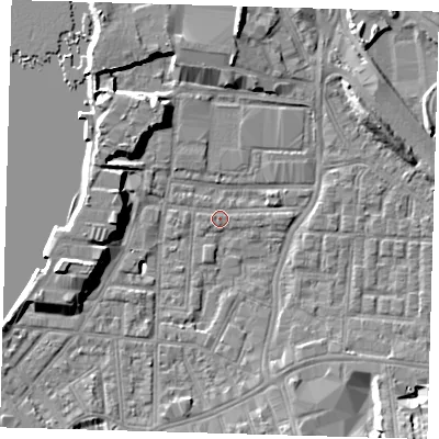 Shaded relief map of the ground around SE100EG, computed from Environment Agency LiDAR. The ground here sits at about 2 m above sea level and falls 9 m across the surrounding 800 m. Surface water reaching this point runs off ground lying to the west-south-west, 6.7 m higher.