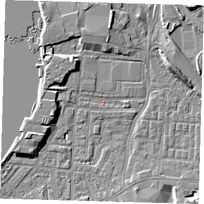 Shaded relief map of the ground around SE100EH, computed from Environment Agency LiDAR. The ground here sits at about 2 m above sea level and falls 9 m across the surrounding 800 m. Surface water reaching this point runs off ground lying to the west-south-west, 8.1 m higher.