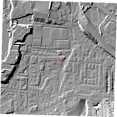 Shaded relief map of the ground around SE100EP, computed from Environment Agency LiDAR. The ground here sits at about 2 m above sea level and falls 10 m across the surrounding 800 m. Surface water reaching this point runs off ground lying to the south, 4.3 m higher.