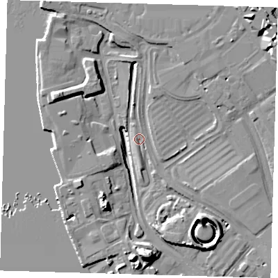 Shaded relief map of the ground around SE100ET, computed from Environment Agency LiDAR. The ground here sits at about 3 m above sea level and falls 16 m across the surrounding 800 m. Surface water reaching this point runs off ground lying to the south-south-west, 14.6 m higher.
