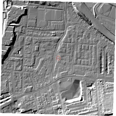 Shaded relief map of the ground around SE100EY, computed from Environment Agency LiDAR. The ground here sits at about 2 m above sea level and falls 17 m across the surrounding 800 m. Surface water reaching this point runs off ground lying to the south, 2.2 m higher.