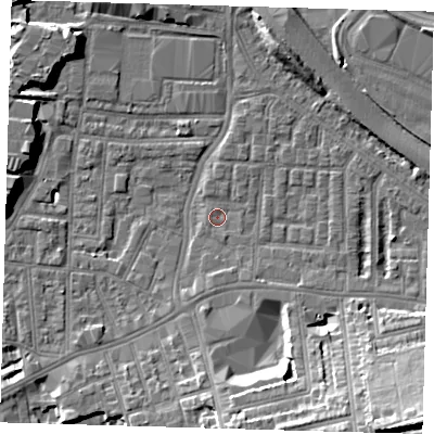 Shaded relief map of the ground around SE100EZ, computed from Environment Agency LiDAR. The ground here sits at about 2 m above sea level and falls 17 m across the surrounding 800 m. Surface water reaching this point runs off ground lying to the south-south-west, 2.2 m higher.