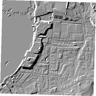 Shaded relief map of the ground around SE100FB, computed from Environment Agency LiDAR. The ground here sits at about 2 m above sea level and falls 9 m across the surrounding 800 m. Surface water reaching this point runs off ground lying to the west-south-west, 8.9 m higher.