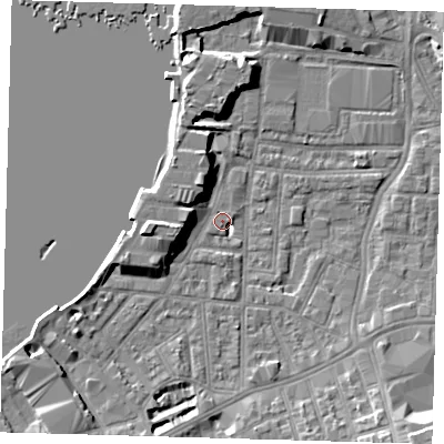 Shaded relief map of the ground around SE100FD, computed from Environment Agency LiDAR. The ground here sits at about 2 m above sea level and falls 10 m across the surrounding 800 m. Surface water reaching this point runs off ground lying to the south-east, 8.8 m higher.