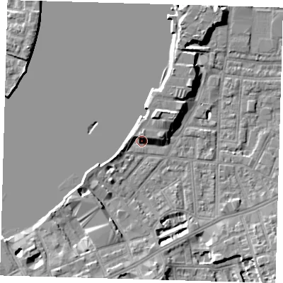 Shaded relief map of the ground around SE100FE, computed from Environment Agency LiDAR. The ground here sits at about 4 m above sea level and falls 9 m across the surrounding 800 m. Surface water reaching this point runs off ground lying to the north-north-east, 3.6 m higher.